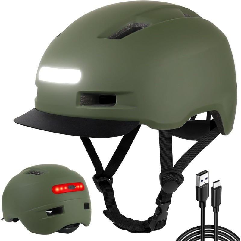 Bike Helmet for Adults, Bicycle Helmet with USB Rechargeable LED Front and Back Light, Adjustable with Detachable Visor