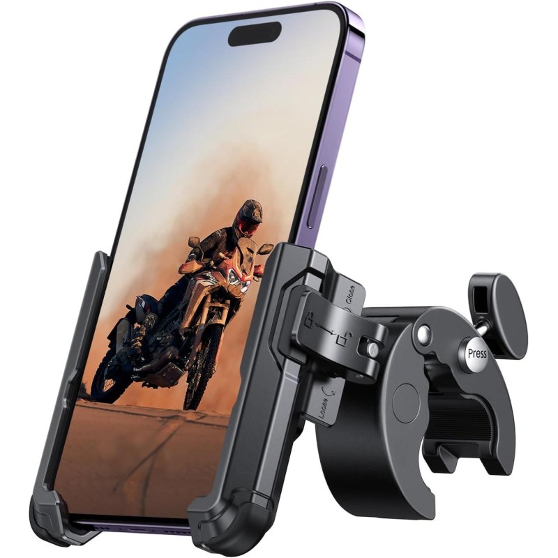Motorcycle Phone Mount Holder - [Camera Friendly] [1s Lock] Bike Phone Holder Handlebar Clamp, Bicycle Scooter Phone Clip