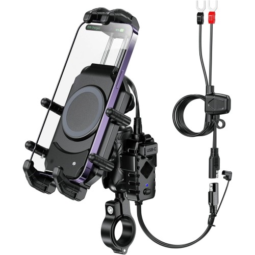 Motorcycle Phone Mount Holder with Qi 15W Wireless Charger & 30W PD/USB-C Fast Charging Port, Anti-Theft