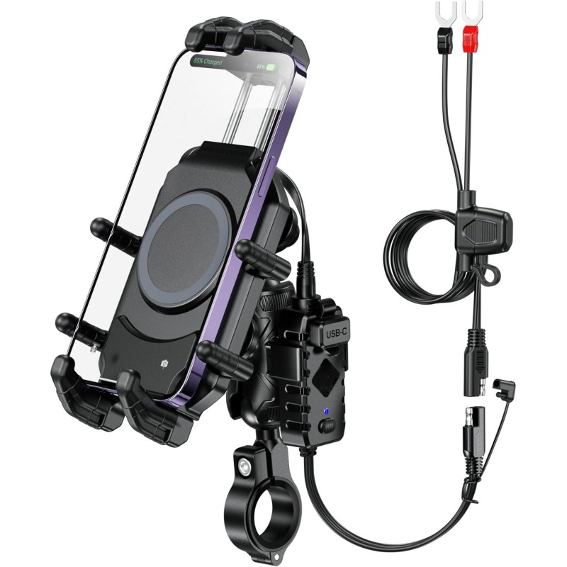 Motorcycle Phone Mount Holder with Qi 15W Wireless Charger & 30W PD/USB-C Fast Charging Port, Anti-Theft